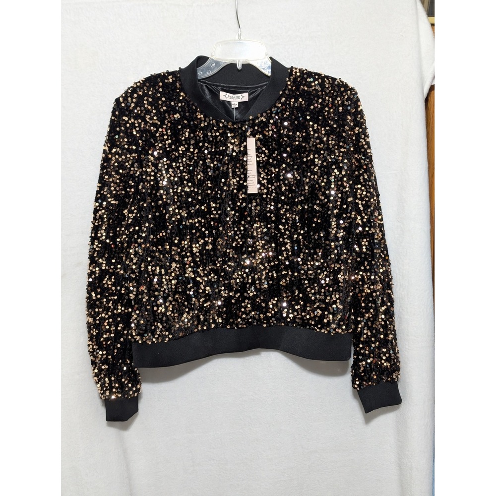 Nanette Lepore Womens Sequin Bomber Jacket Black Gold Snap Front Size L NWT